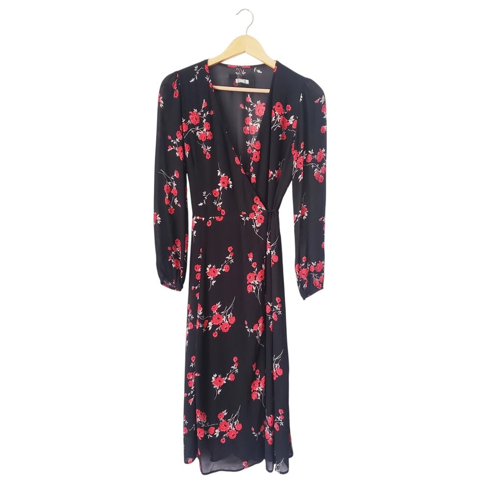 Reformation Nicole Floral Wrap Midi Dress Black Size Small